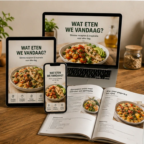 Het kookboek open op een laptop, een tablet en een telefoon, met daarnaast een opengeslagen exemplaar met twee recepten
