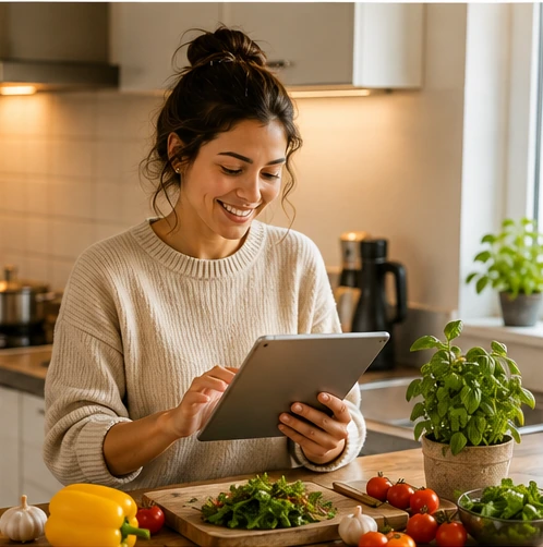 Vrouw in een lichte keuken die op haar tablet in het kookboek kijkt, met verse groenten en kruiden op het aanrecht