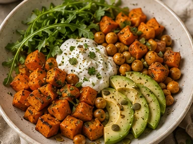 Bord met geroosterde zoete aardappel, kikkererwten, avocado, yoghurt en rucola